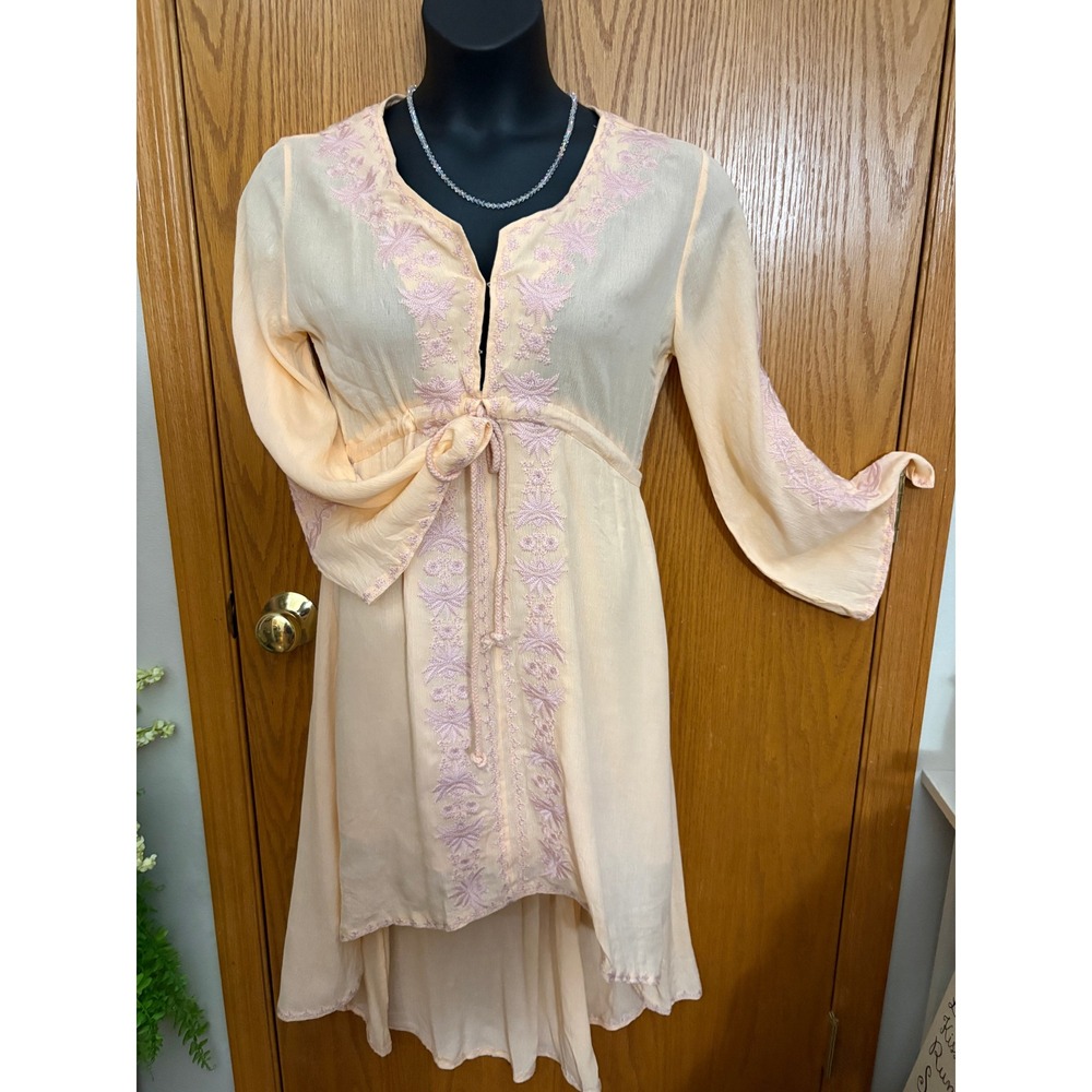 R.Vivimos Peach Embroidered Boho Midi Dress Empire Waist High-Low 009057018 M